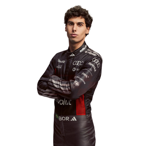 Audi 2026 F1 Racing Suit Gabriel Bortoleto with various sponsor logos on a white background