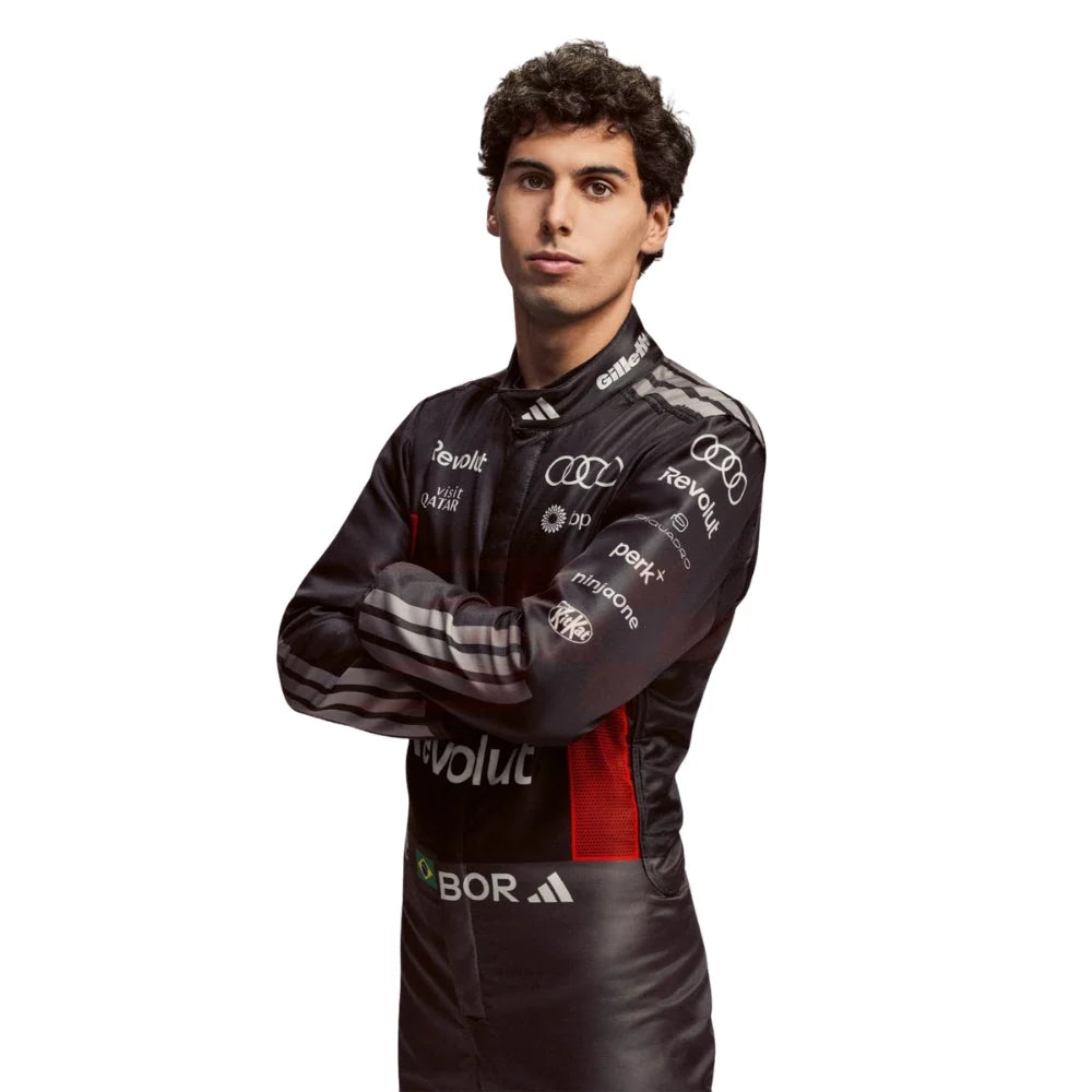 Audi 2026 F1 Racing Suit Gabriel Bortoleto with various sponsor logos on a white background