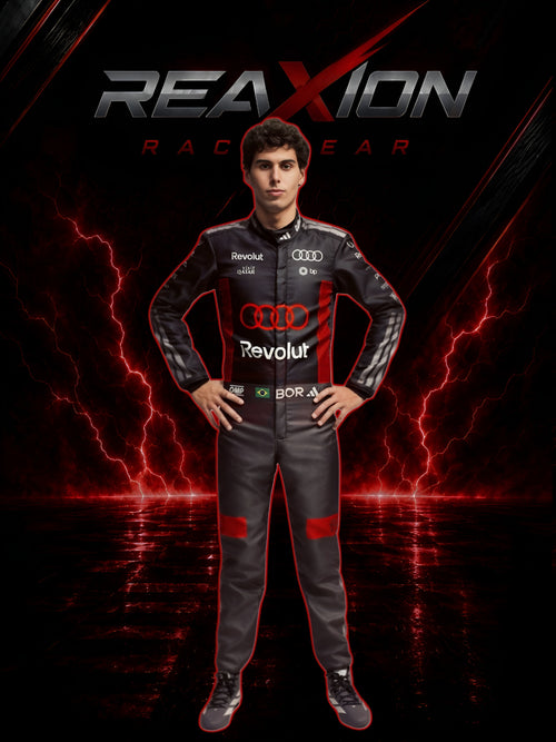 Audi 2026 F1 Racing Suit Gabriel Bortoleto with 'REAXION RACGEAR' branding on a dark background with red lightning effects.