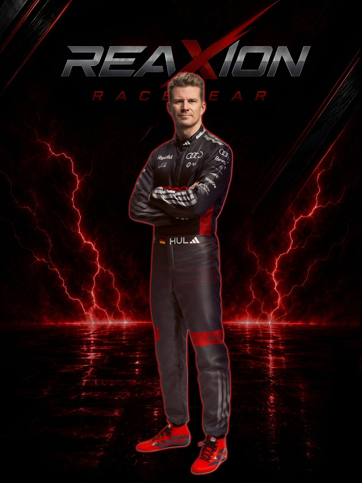 Audi 2026 F1 Racing Suit Nico Hulkenberg with 'REAXION RACGEAR' branding on a dark background with red lightning effects.