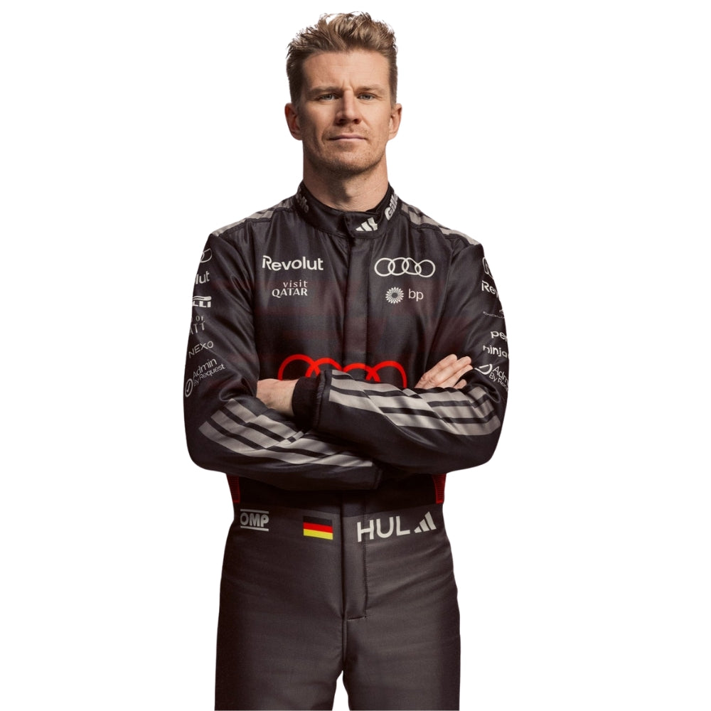 Audi 2026 F1 Racing Suit Nico Hulkenberg with various sponsor logos on a white background