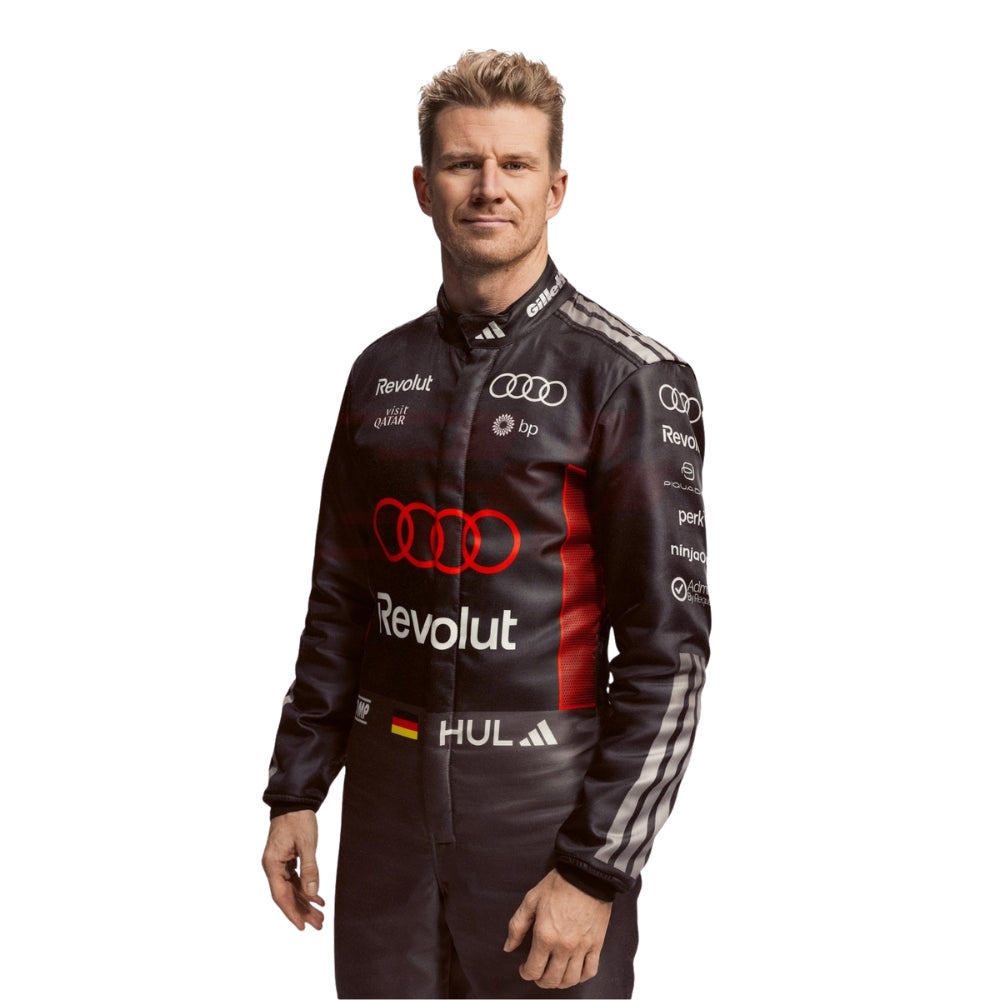 Audi 2026 F1 Racing Suit Nico Hulkenberg with Audi and Revolut logos on a white background