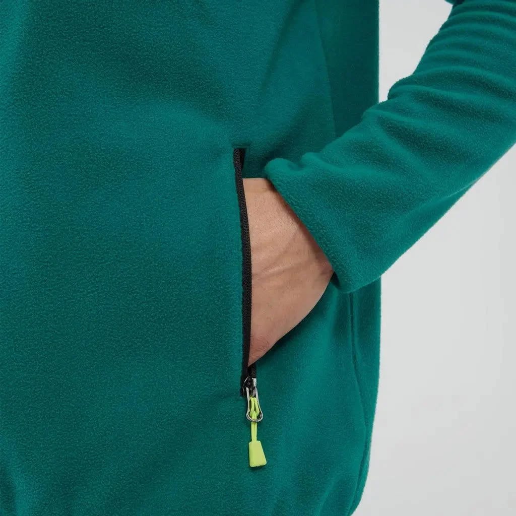 Green fleece jacket with a zipper and yellow tag on a white background