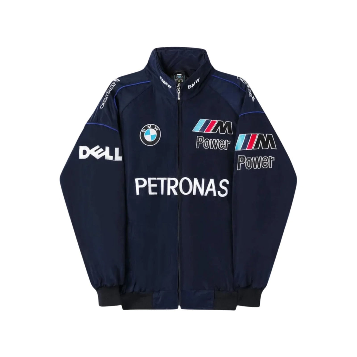 BMW Sauber F1 team vintage jacket front view featuring Petronas, Dell, and BMW Power logos