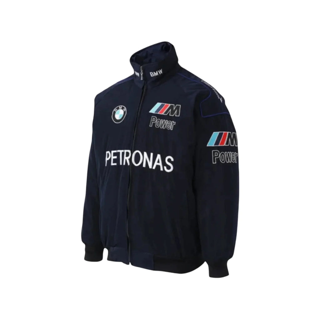 BMW Sauber retro motorsport jacket angled view highlighting sponsor branding