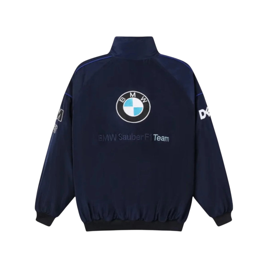 BMW Sauber F1 vintage team jacket back design featuring the BMW roundel and BMW Sauber F1 Team text