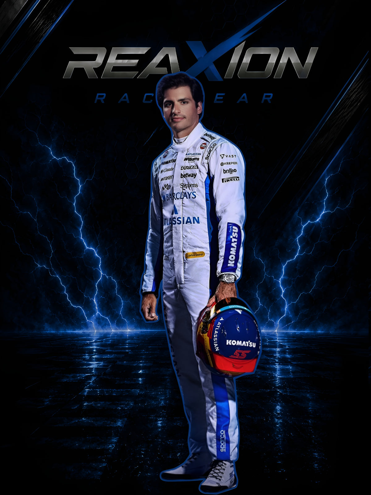 Carlos Sainz Williams 2026 F1 Racing Suit - Reaxion Race Gear Poster with Blue Lightning