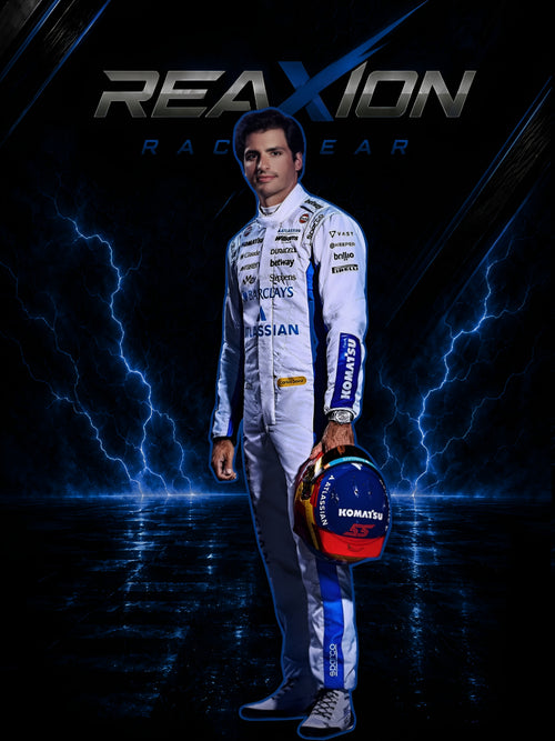 Carlos Sainz Williams 2026 F1 Racing Suit - Reaxion Race Gear Poster with Blue Lightning