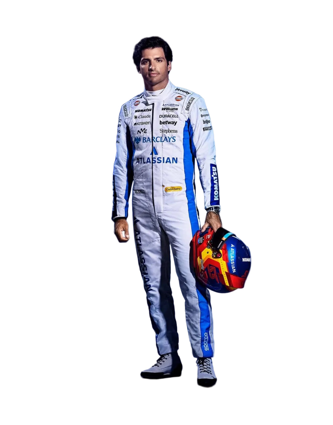Carlos Sainz Williams 2026 Model Custom Replica Race Suit - Product View with Helmet