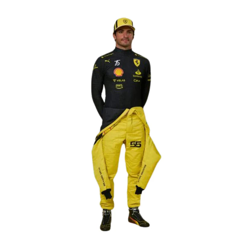 Carlos Sainz in 2022 Ferrari 75th Anniversary F1 Racing Suit with various logos on a white background