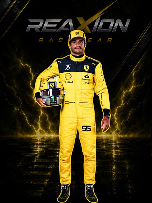Carlos Sainz in 2022 Ferrari 75th Anniversary F1 Racing Suit with helmet, holding a helmet, on a dark background with 'REAXION RACEGEAR' branding.