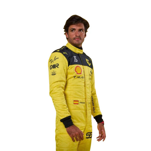 Carlos Sainz in 2022 Ferrari 75th Anniversary F1 Racing Suit with various logos on a white background