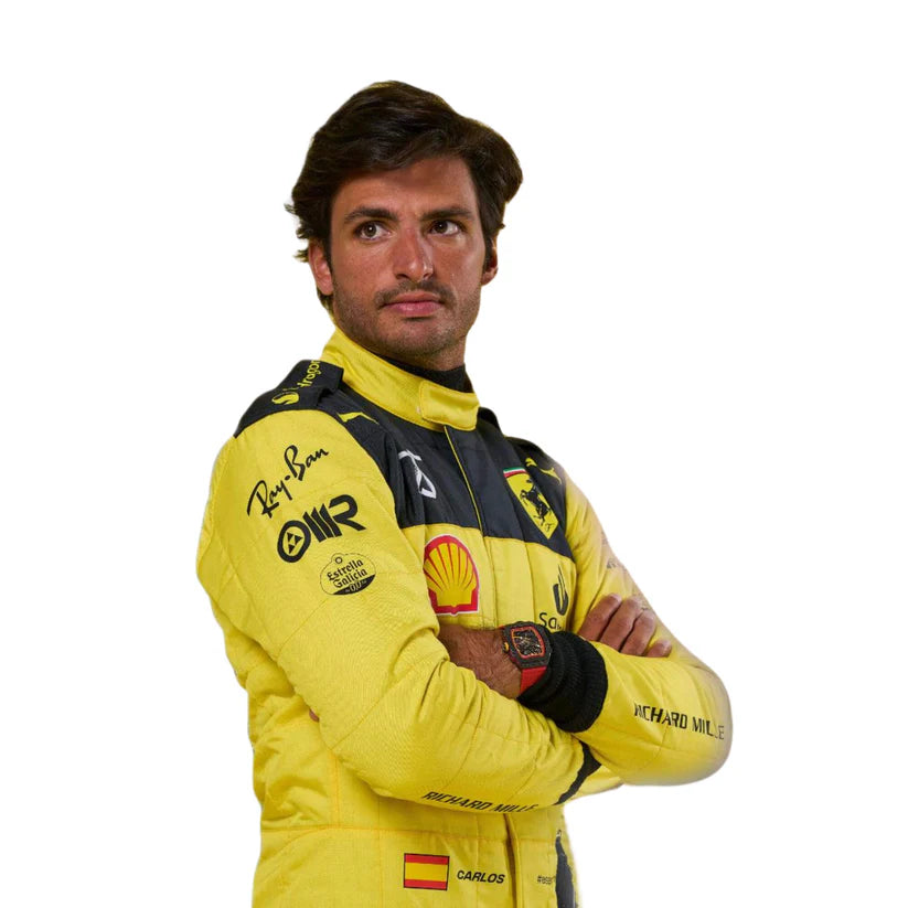Carlos Sainz in 2022 Ferrari 75th Anniversary F1 Racing Suit with sponsor logos on a white background