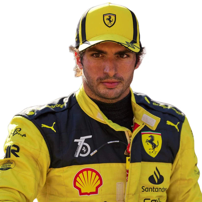 Carlos Sainz in 2022 Ferrari 75th Anniversary F1 Racing Suit with various logos on a white background