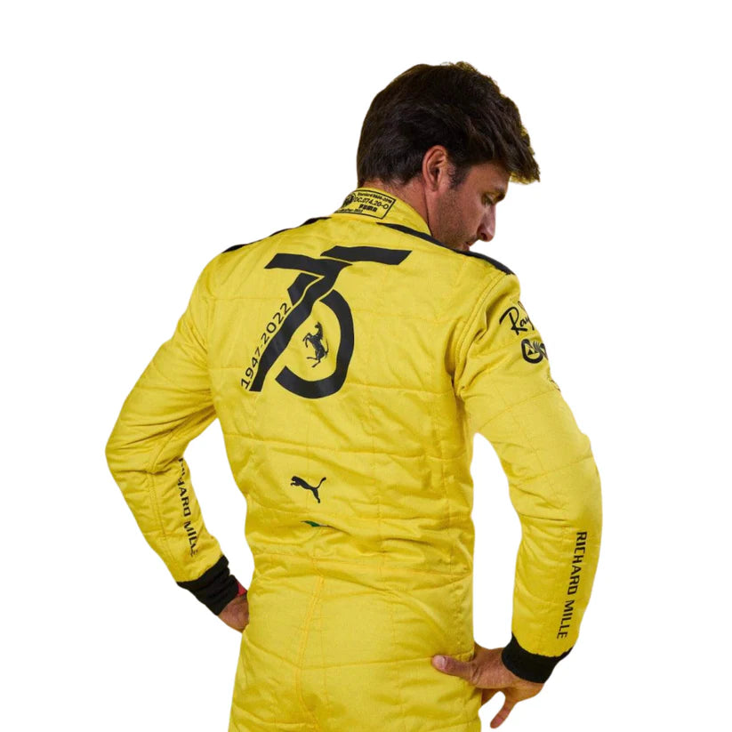 Carlos Sainz in 2022 Ferrari 75th Anniversary F1 Racing Suit with branding on a white background