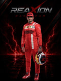 Carlos Sainz in Ferrari 2021 F1 Racing Suit and matching cap stands holding a multicolor racing helmet against a dark background with red lightning effects and the text 'REAXION RACE GEAR' at the top.