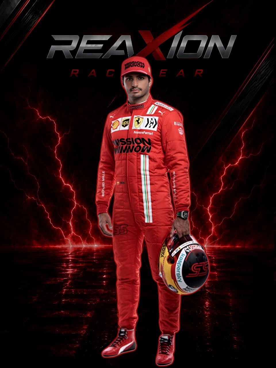 Carlos Sainz in Ferrari 2021 F1 Racing Suit and matching cap stands holding a multicolor racing helmet against a dark background with red lightning effects and the text 'REAXION RACE GEAR' at the top.