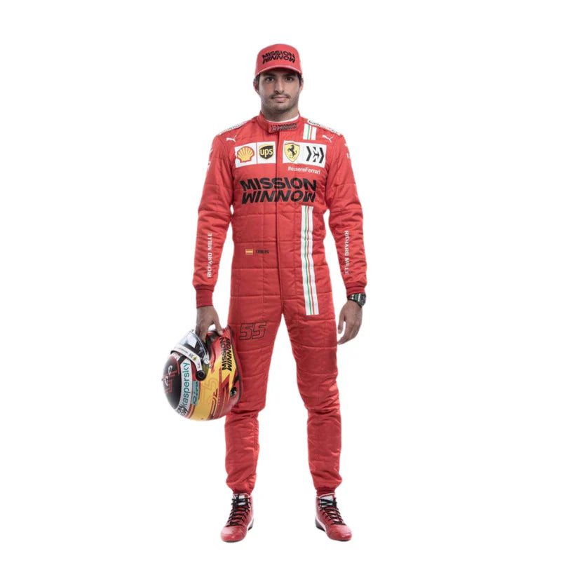 Carlos Sainz in Ferrari 2021 F1 Racing Suit with various logos on a white background