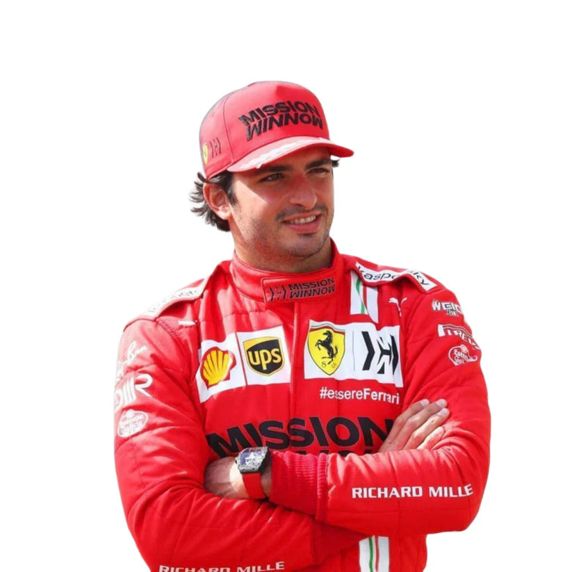 Carlos Sainz in Ferrari 2021 F1 Racing Suit with various sponsor logos on a white background
