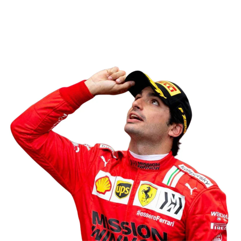 Carlos Sainz in Ferrari 2021 F1 Racing Suit with various sponsor logos on a white background