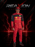 Carlos Sainz in Ferrari 2022 F1 Racing Suit with visible branding on a dark background with lightning effects.