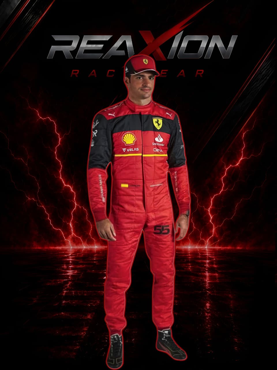 Carlos Sainz in Ferrari 2022 F1 Racing Suit with visible branding on a dark background with lightning effects.