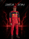 Carlos Sainz in Ferrari 2022 F1 Racing Suit with visible branding on a dark background with lightning effects.