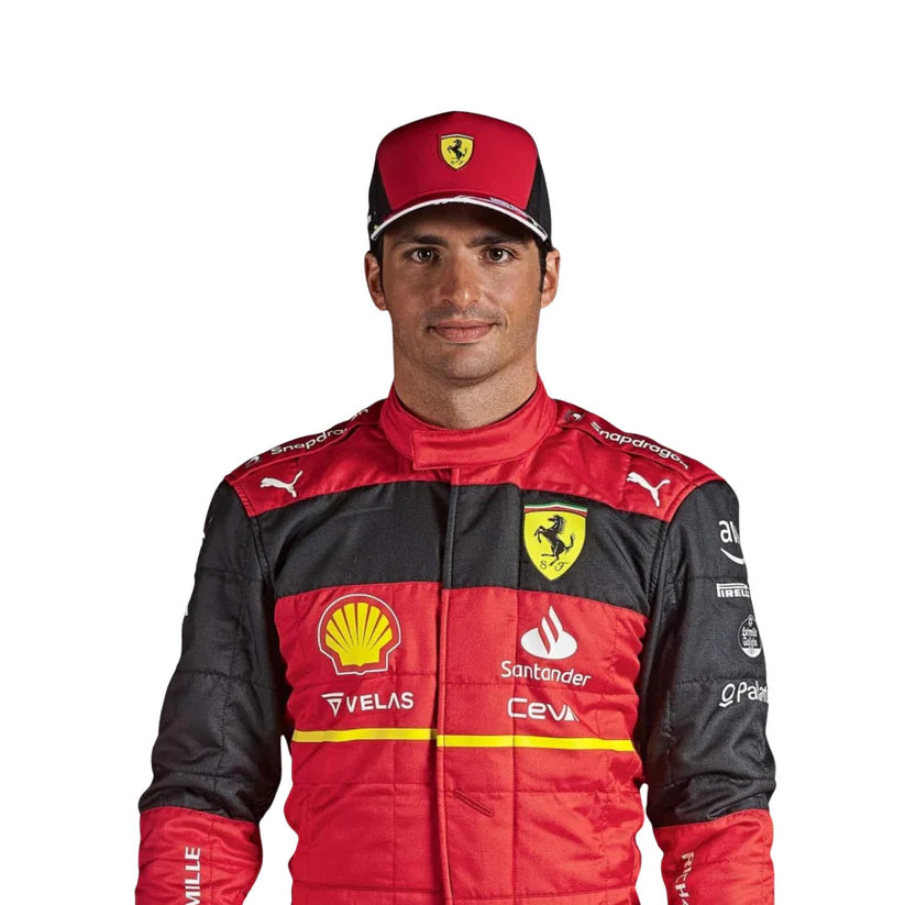 Carlos Sainz in Ferrari 2022 F1 Racing Suit with various sponsor logos on a white background