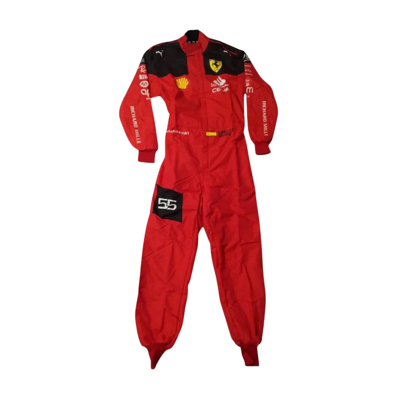 Red Ferrari Racing suit with various logos on a white background.