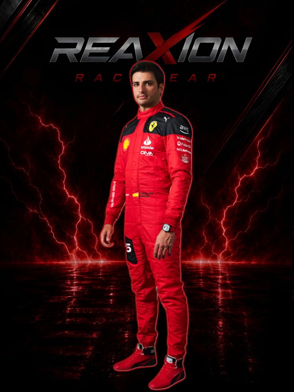 Carlos Sainz in Ferrari 2023 F1 Racing Suit with visible branding against a dark background with lightning effects.