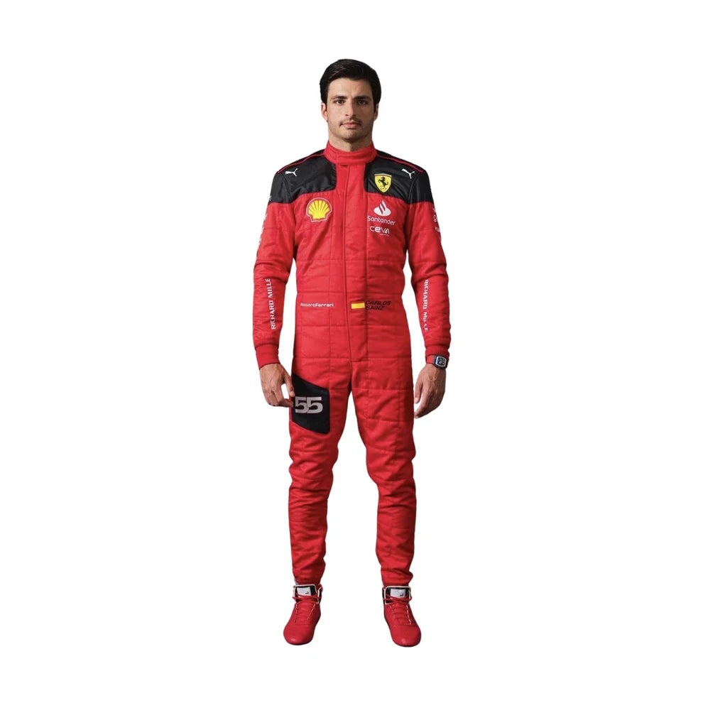 Carlos Sainz in Ferrari 2023 F1 Racing Suit with sponsor logos on a white background