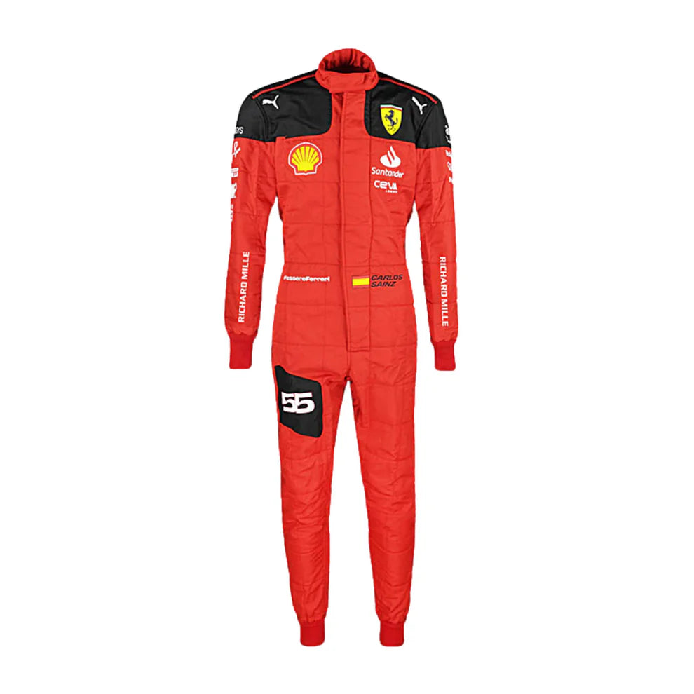 Red racing suit with various logos on a white background