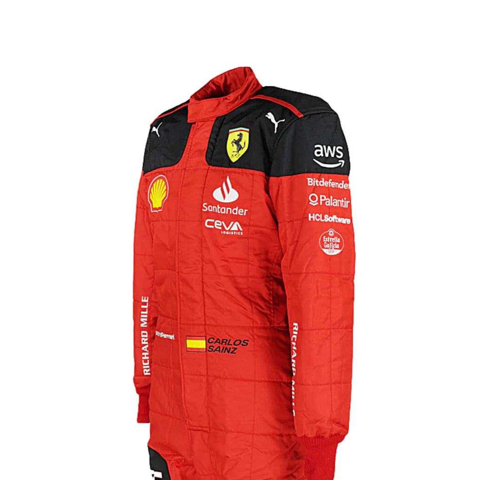 Red racing suit with various sponsor logos on a white background
