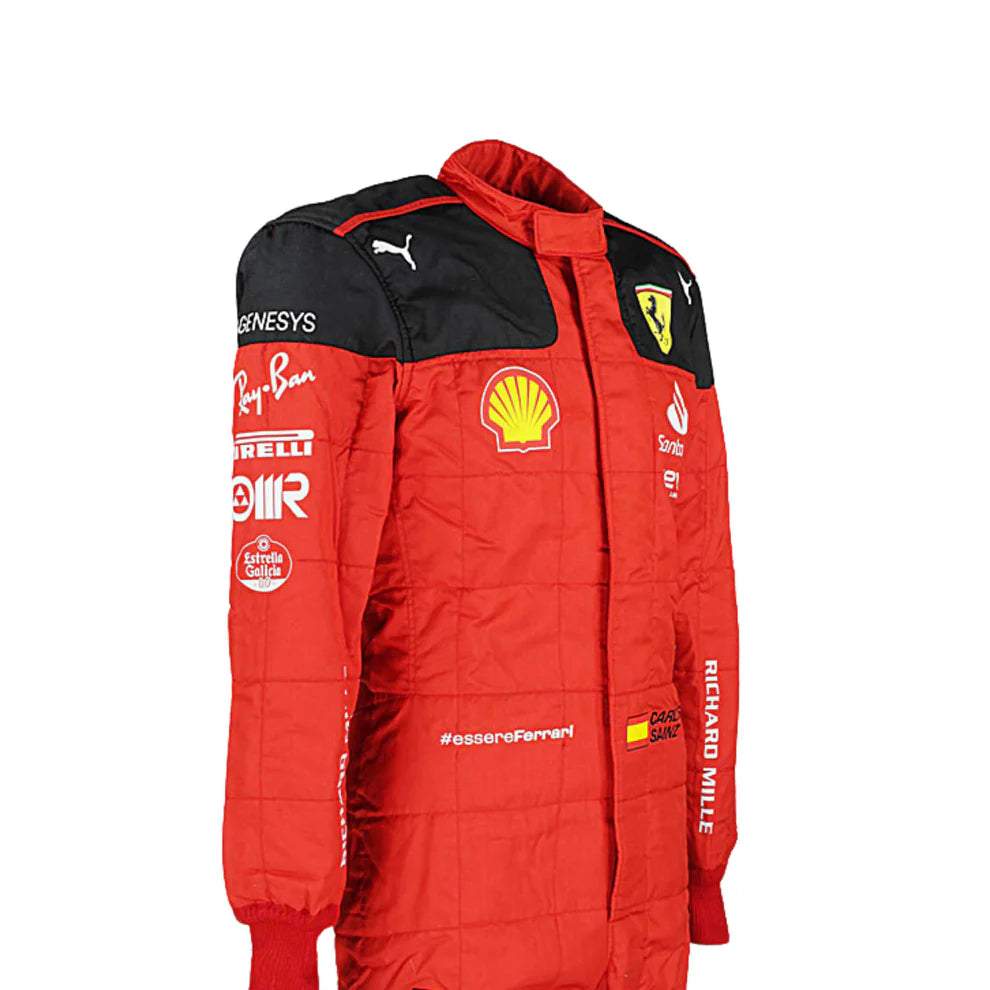 Red racing suit with various sponsor logos on a white background