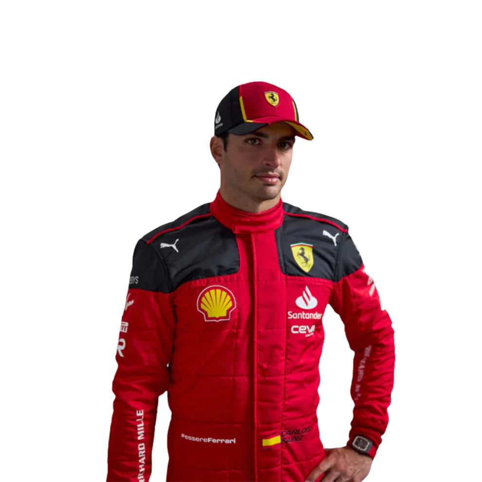 Carlos Sainz in Ferrari 2023 F1 Racing Suit with various logos on a white background