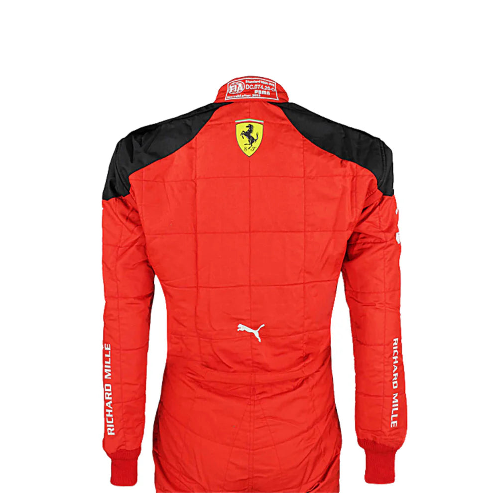 Red racing suit with black shoulders and Ferrari logo on a white background