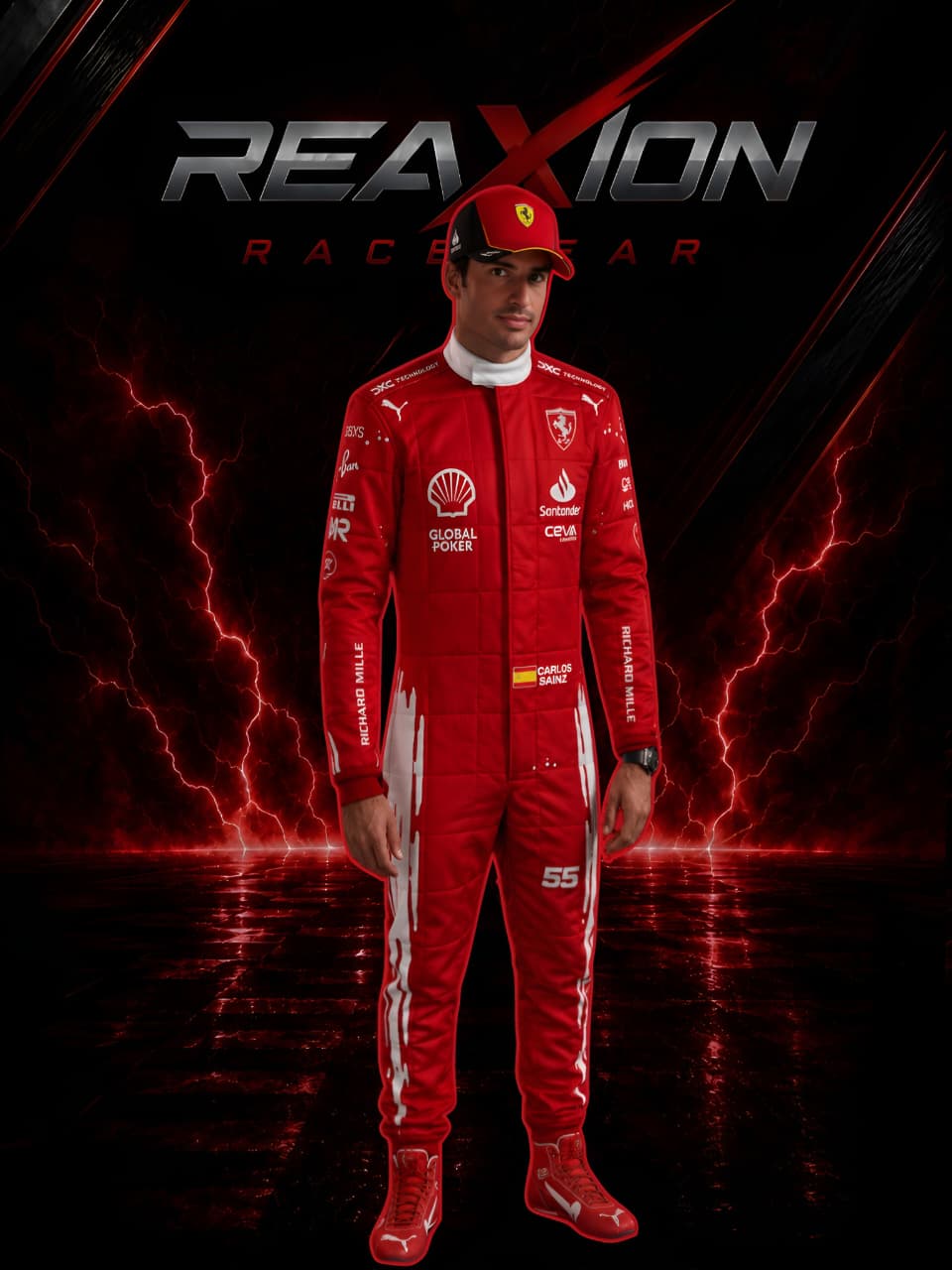 Carlos Sainz in Ferrari 2023 Las Vegas GP F1 Racing Suit with various logos on a dark background with lightning effects, featuring the 'REAXION RACEGEAR' brand.
