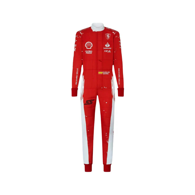 Red racing suit with various logos on a white background