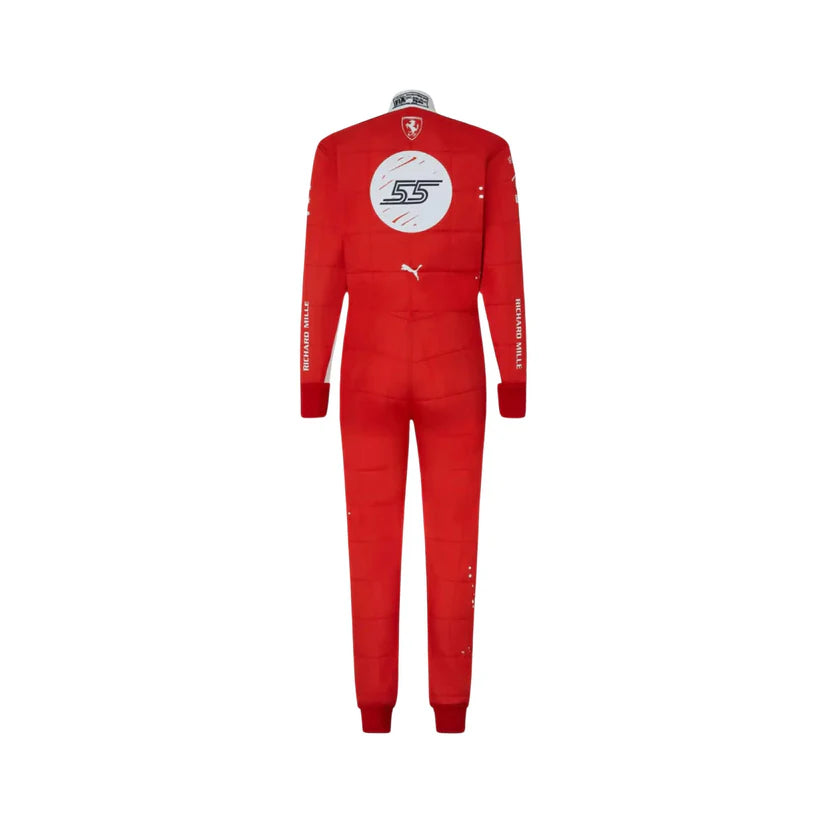 Red racing suit with logos on a white background
