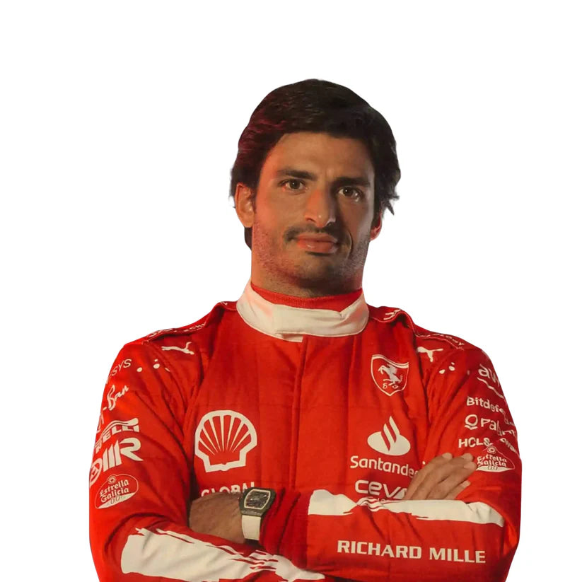 Carlos Sainz in Ferrari 2023 Las Vegas GP F1 Racing Suit with various sponsor logos on a white background