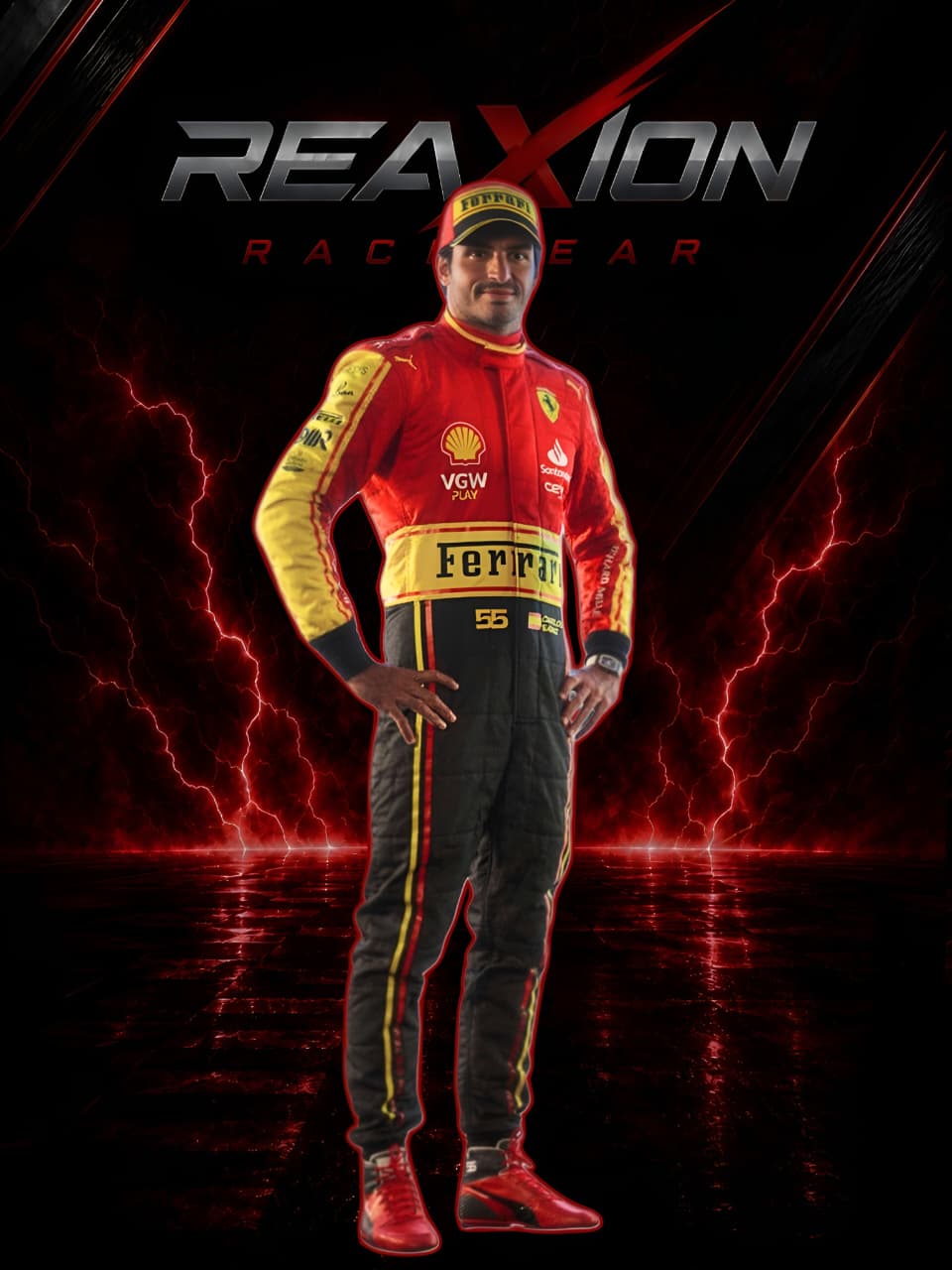 Carlos Sainz in Ferrari 2023 Monza Special Edition F1 Racing Suit with visible branding on a dark background with lightning effects.