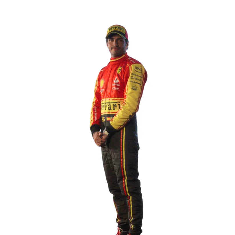 Carlos Sainz in Ferrari 2023 Monza Special Edition F1 Racing Suit with Ferrari logo on a white background