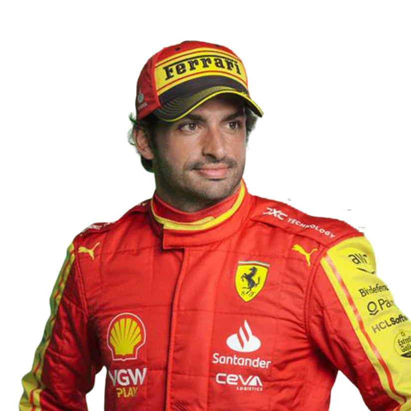 Carlos Sainz in Ferrari 2023 Monza Special Edition F1 Racing Suit with various sponsor logos on a white background