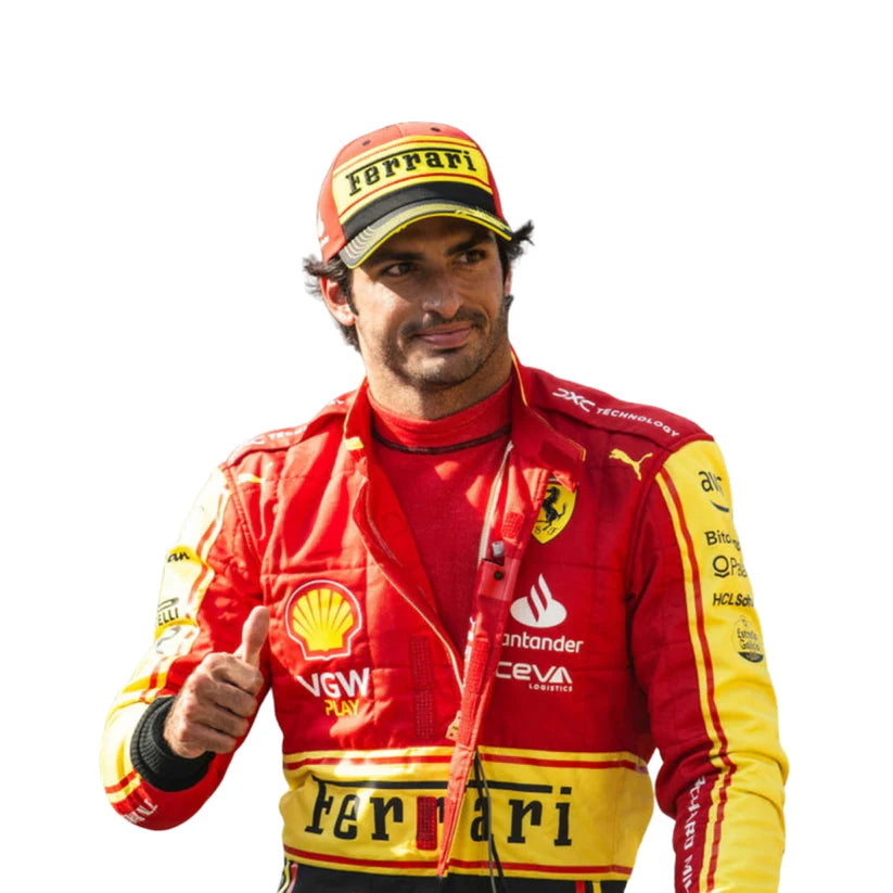 Carlos Sainz in Ferrari 2023 Monza Special Edition F1 Racing Suit with various sponsor logos on a white background