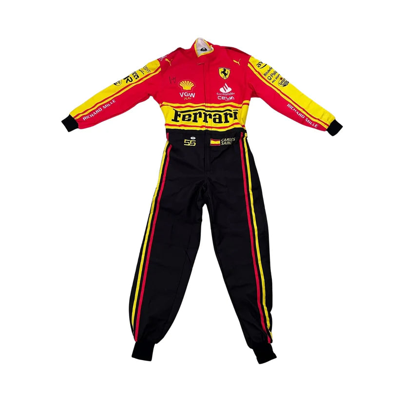 Red, black, and yellow racing suit with Ferrari logo on a white background