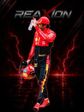 Carlos Sainz in Ferrari 2023 Spain Grand Prix F1 Racing Suit holding a helmet and drink with 'REAXION RACEGEAR' branding on a dark background