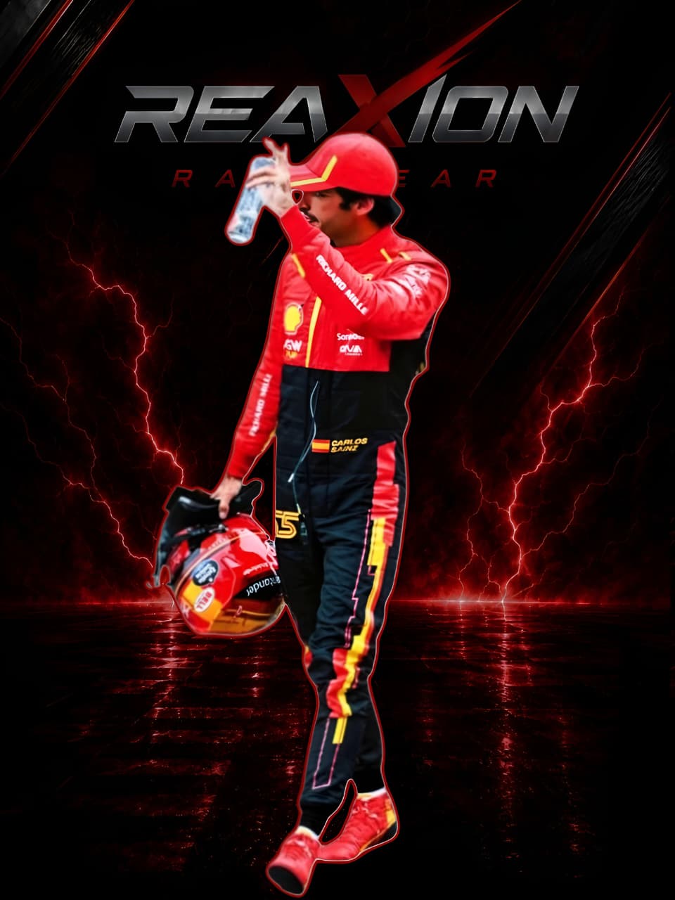 Carlos Sainz in Ferrari 2023 Spain Grand Prix F1 Racing Suit holding a helmet and drink with 'REAXION RACEGEAR' branding on a dark background