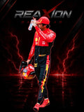 Carlos Sainz in Ferrari 2023 Spain Grand Prix F1 Racing Suit holding a helmet and drink with 'REAXION RACEGEAR' branding on a dark background