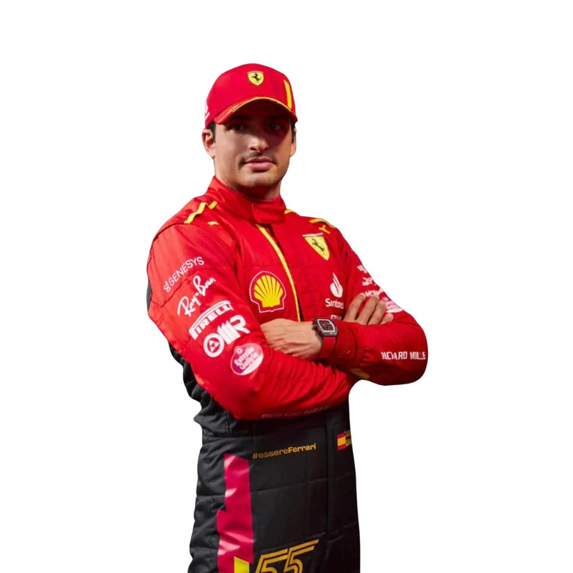 Carlos Sainz in Ferrari 2023 Spain Grand Prix F1 Racing Suit with various sponsor logos on a white background