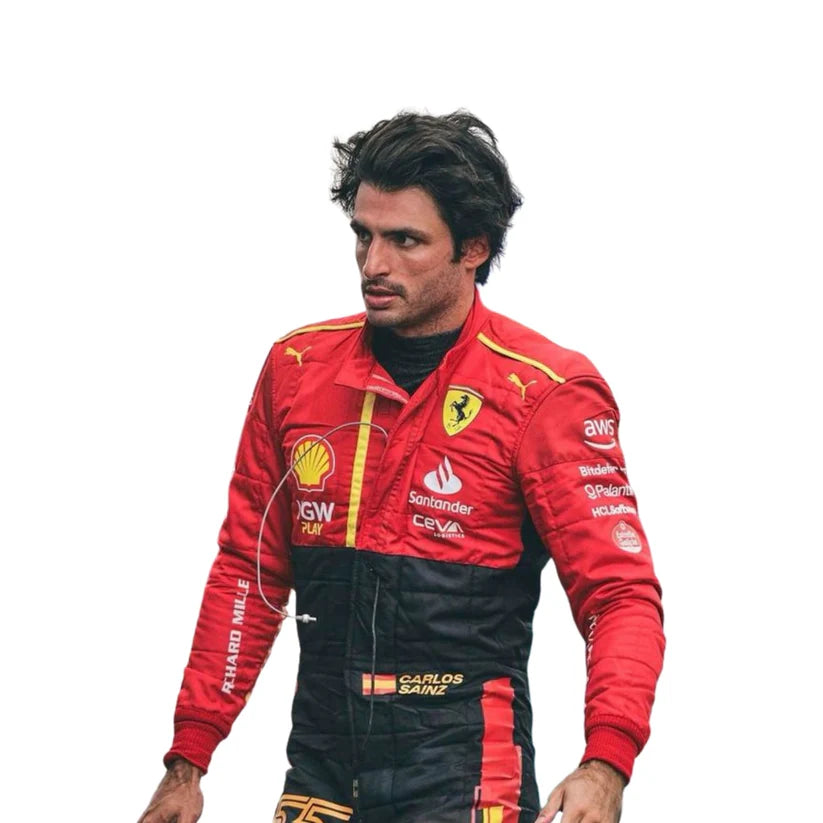 Carlos Sainz in Ferrari 2023 Spain Grand Prix F1 Racing Suit with various sponsor logos on a white background